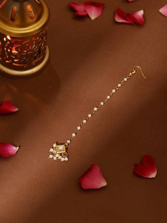Ruby Raang Gold Square with Pearls Kundan Maang Tikka - Distacart