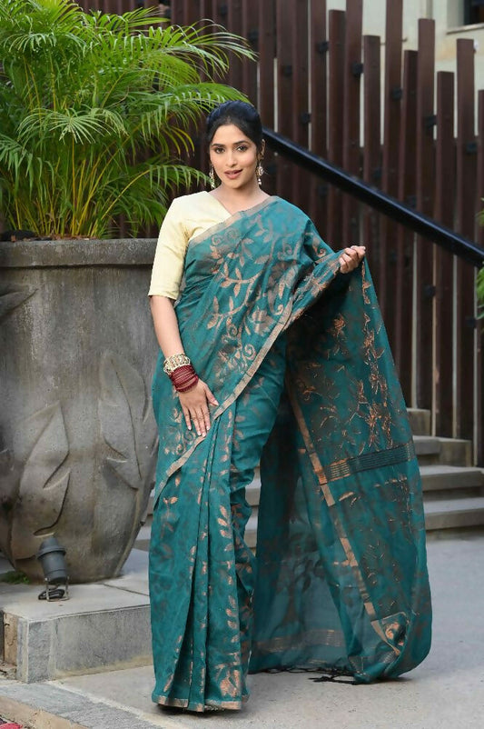 Beatitude Green Cotton Floral Jamdani Saree