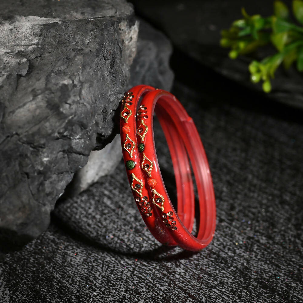 Afast Designer Fancy Party Bangle/ Kada Set, Red, Glass, Pack Of 8 - Grab2buy
