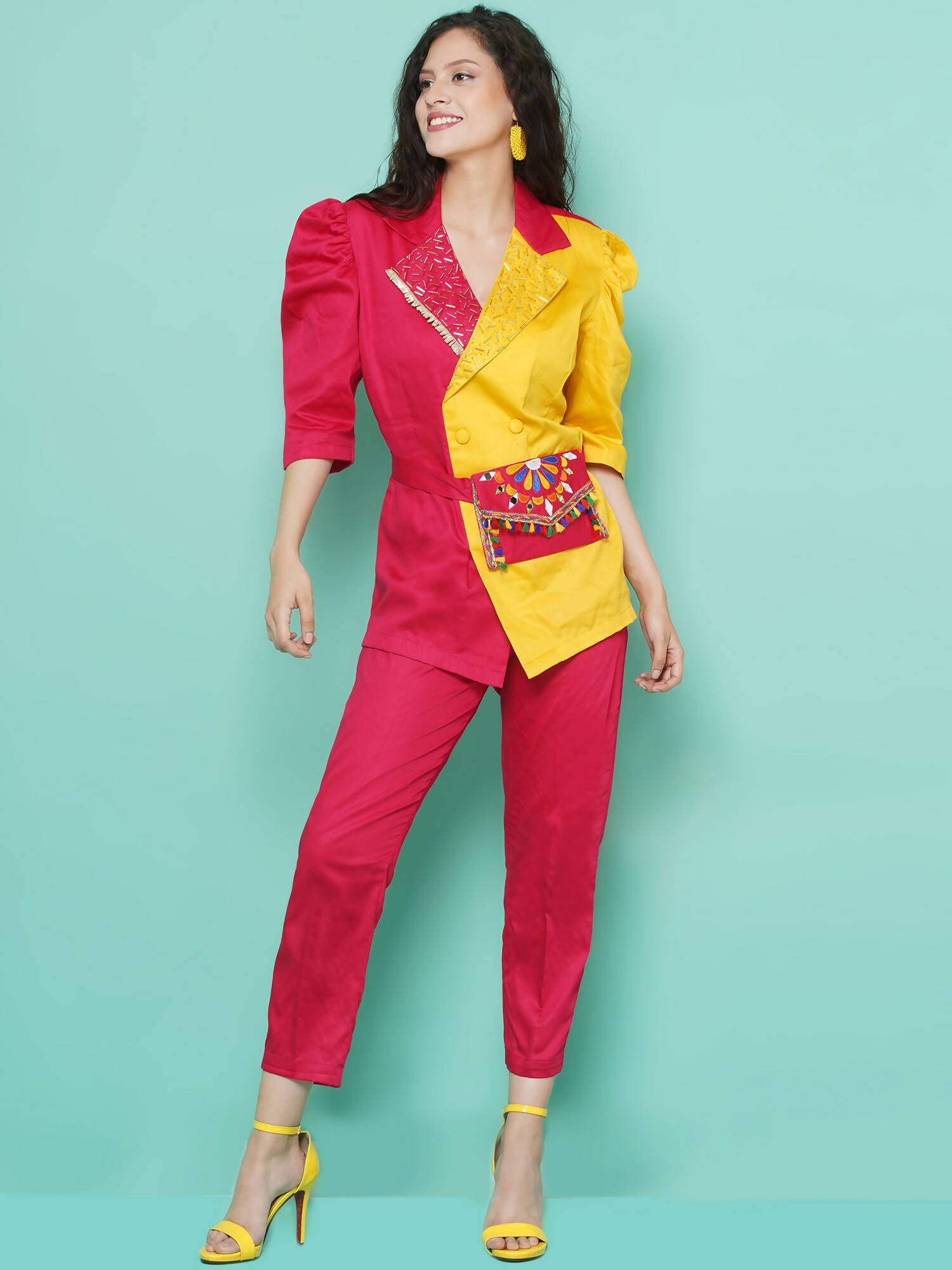 Women Republic Pink And Yellow Cotton Silk hand Embellished Coord set with Pouch - Grab2buy
