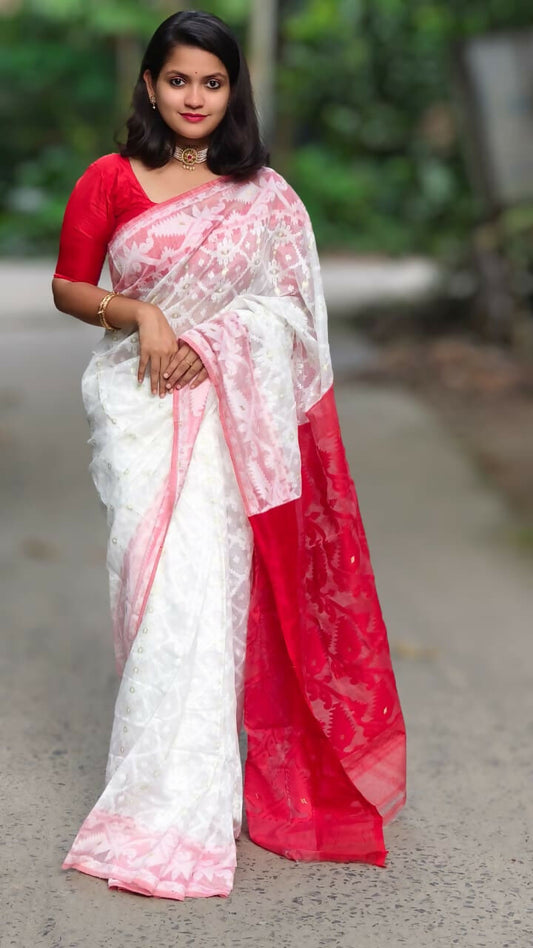 Exclusive Collection White Red White Red Jamdani Grab2Buy
