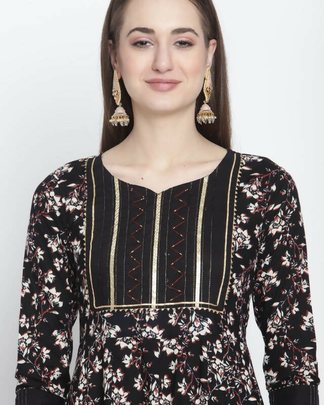 Aastha Fashion Women's Black Cotton Jaipuri Printed Kurta with Trouser & Dupatta - Grab2buy