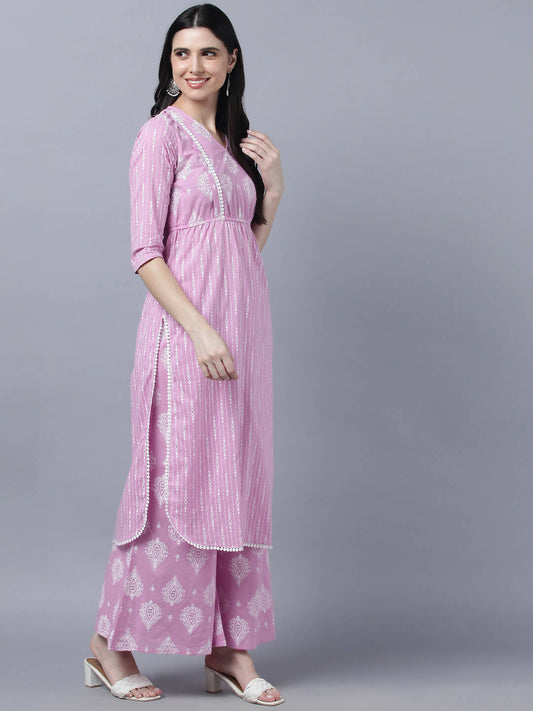 Myshka Stylish Pink 3/4 Sleeve Women's Kurta Palazzo Set
