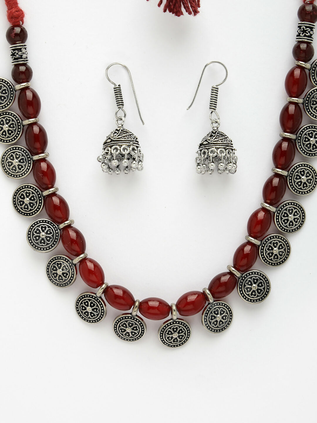 NVR Women's Red Silver-Plated Choke Oxidized Necklace with Jhumka Earrings - Grab2buy