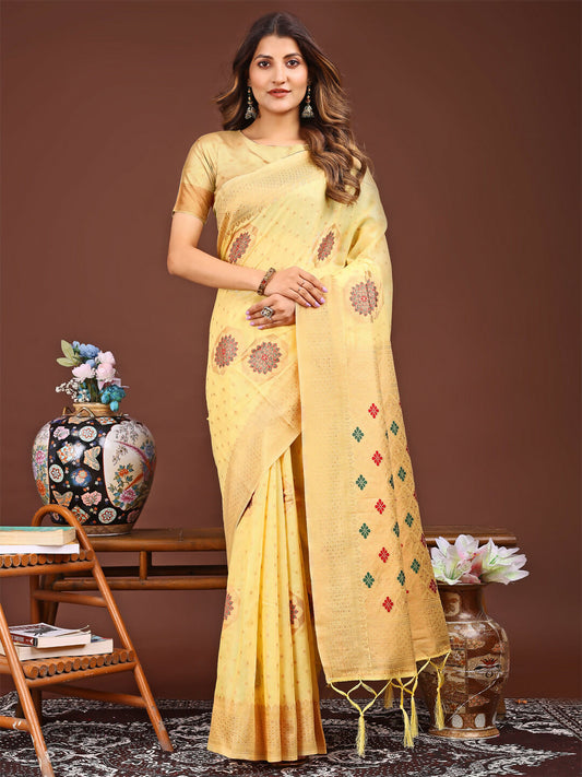 Shree Shyam Fashion Neerja Yellow Linen Cotton Saree