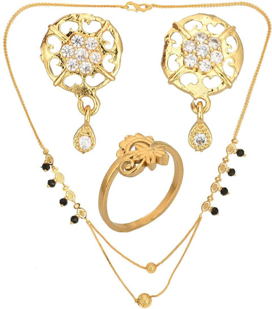 AanyaCentric Gold-Polished Jewelry Combo: Elegant Short Mangalsutra, Finger Ring, and American Diamond Earrings Set Grab2Buy AanyaCentric Grab2Buy