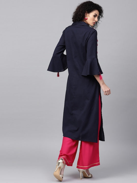 NOZ2TOZ Navy & Magenta Solid Kurta With Palazzos - Grab2buy