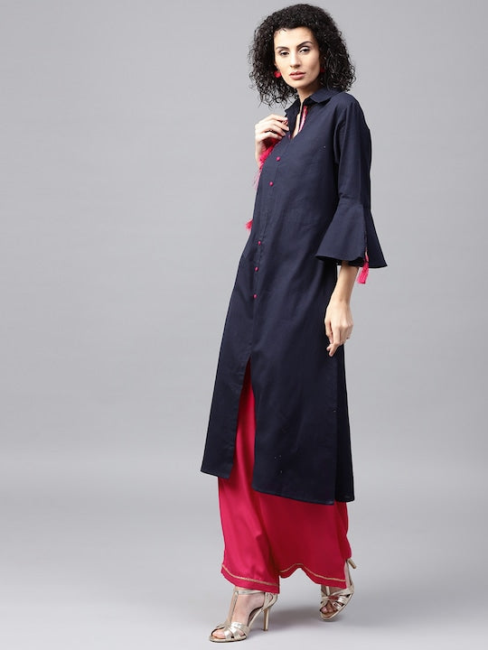 NOZ2TOZ Navy & Magenta Solid Kurta With Palazzos - Grab2buy