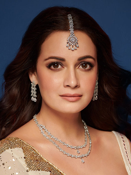 Priyaasi Women Eternal Moondust - American Diamond Silver Plated Leaf Layered Jewellery Set - Grab2buy