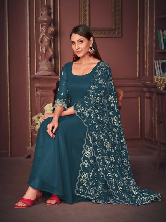 Jyoti Fashion Women's Rama Georgette Embroidered Anarkali Kurta Pant Set With Dupatta