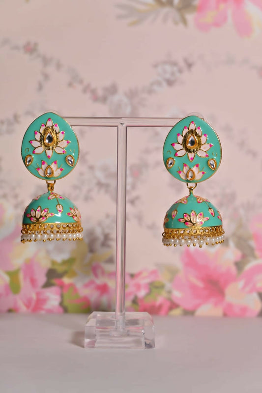 Sea Green Ethnic Enamel Meenakari Jhumki Earrings By House of Ree House of Ree