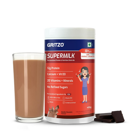 Gritzo SuperMilk Overall Growth (13+y Girls), 12g Protein Powder (Double Chocolate)