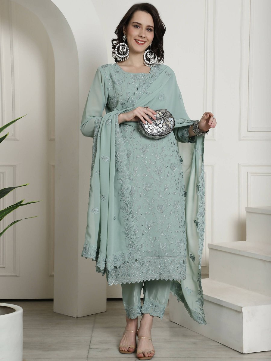 Aastha Fashion Women's Green Georgette Floral Resham Thread with Cording & Crystal work Kurta with Trouser & Dupatta - Grab2buy