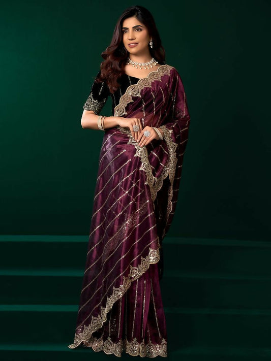 Joban Fashion Purple Net Party Wear Sarees