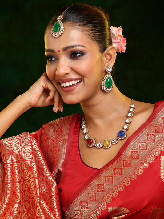 Ruby Raang 22k Gold Polished Stonework Kundan Necklace With Earrings And Maang Tikka | Grab2Buy