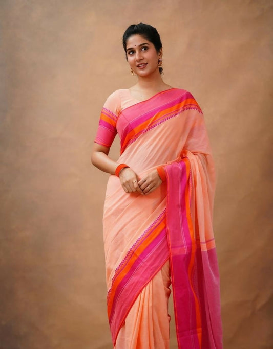 Exclusive Collection Light Orange Beautiful Khadi Cotton Handloom Grab2Buy