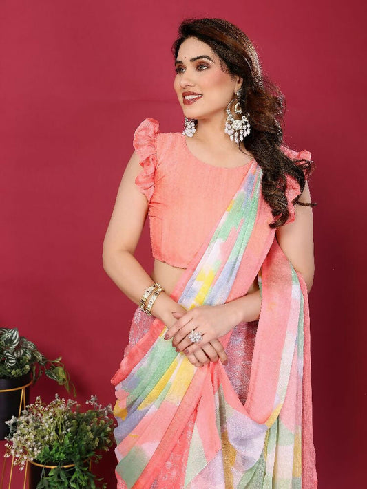 PR Fashion Peach Moss Chiffon Printed Saree