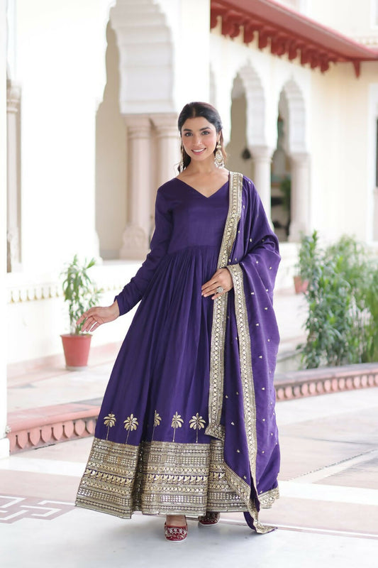 Teeya Creation Womens New Fancy Vichitra Silk With Rich Sequins Embroidered Work Gown Set
