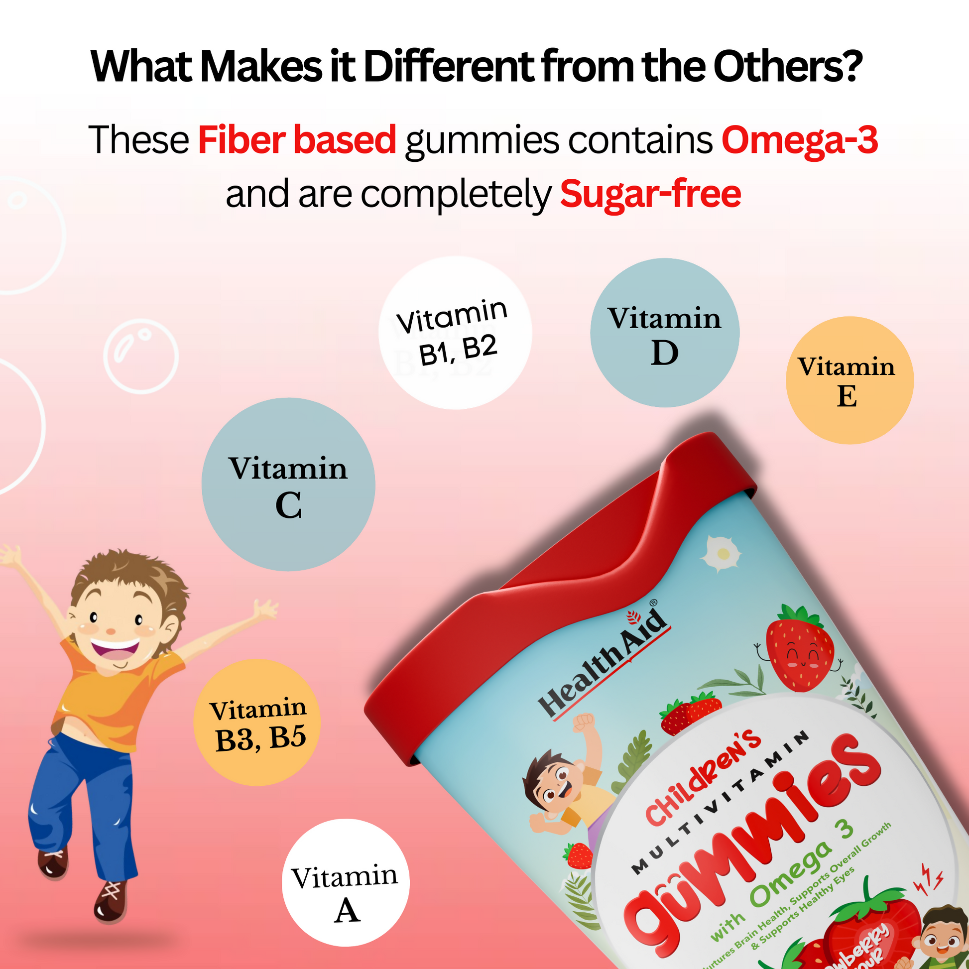 HealthAid Children's Multivitamin Gummies with Omega 3 Gummies - Strawberry Flavour - Grab2buy