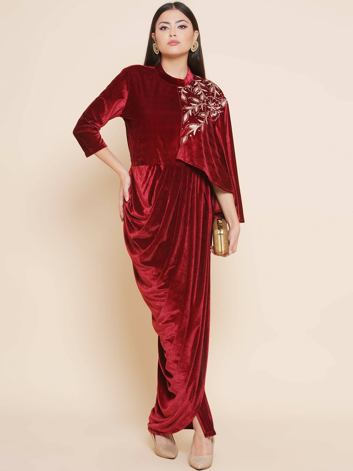 Women Republic Maroon Velvet Drape Styel Gown - Grab2buy