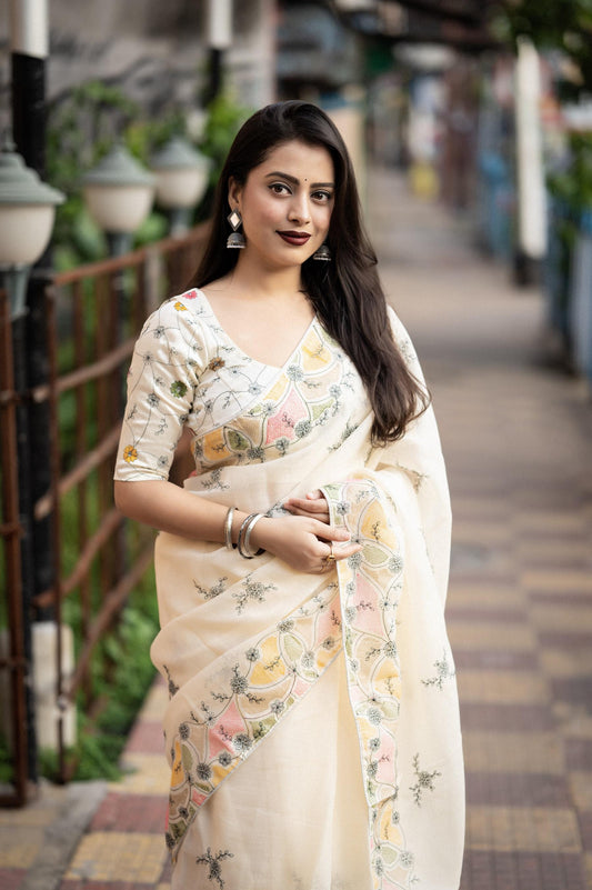 Cream Pure Linen Ethnic Motifs Saree with Unstitched Blouse - A2M