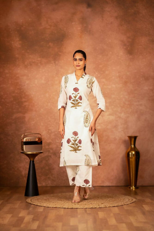 Joban Fashion Off White Red Floral Hand Block Printed Cotton Kurta Pant Set