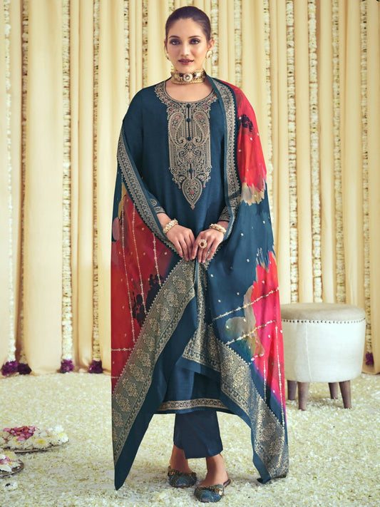Aastha Fashion Women's Navy Blue Raw Silk Cording with Resham Thread work Kurta with Trouser & Dupatta - Grab2buy
