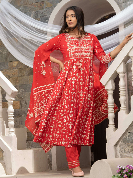 Red Cotton Cambric Printed with Sequins work Anarkali Kurta with Pant & Dupatta - Akashara