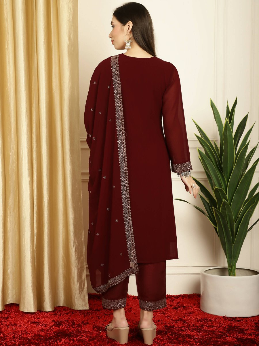 Aastha Fashion Women's Maroon Georgette Resham Thread & Sequin Kurta with Trouser & Dupatta - Grab2buy