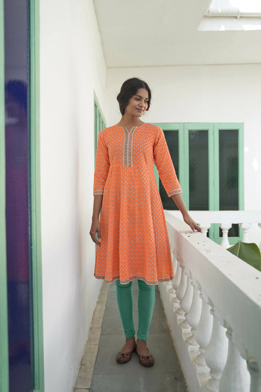 Orange Cotton Floral Printed A line Kurta - Prasuti