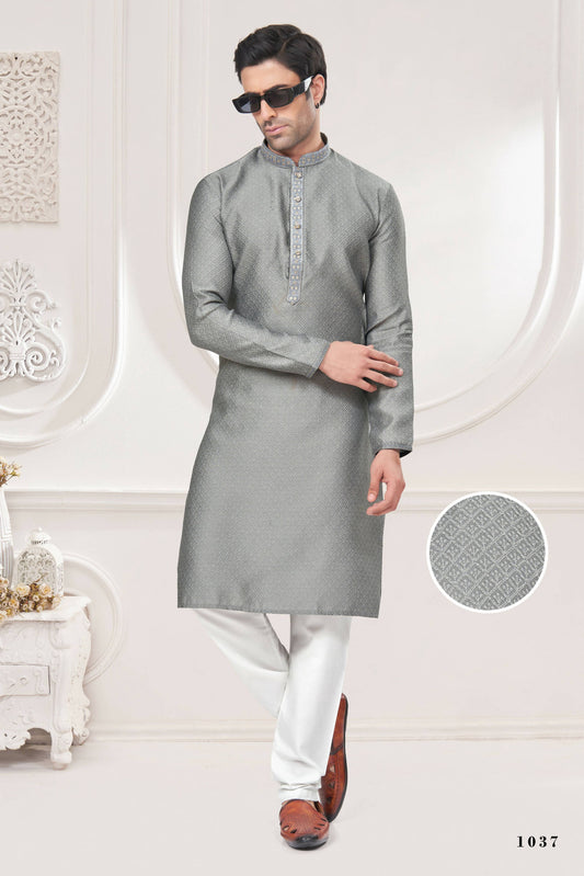 Functional Designer Men's Grey Jacquard Kurta With Pant - Rudra