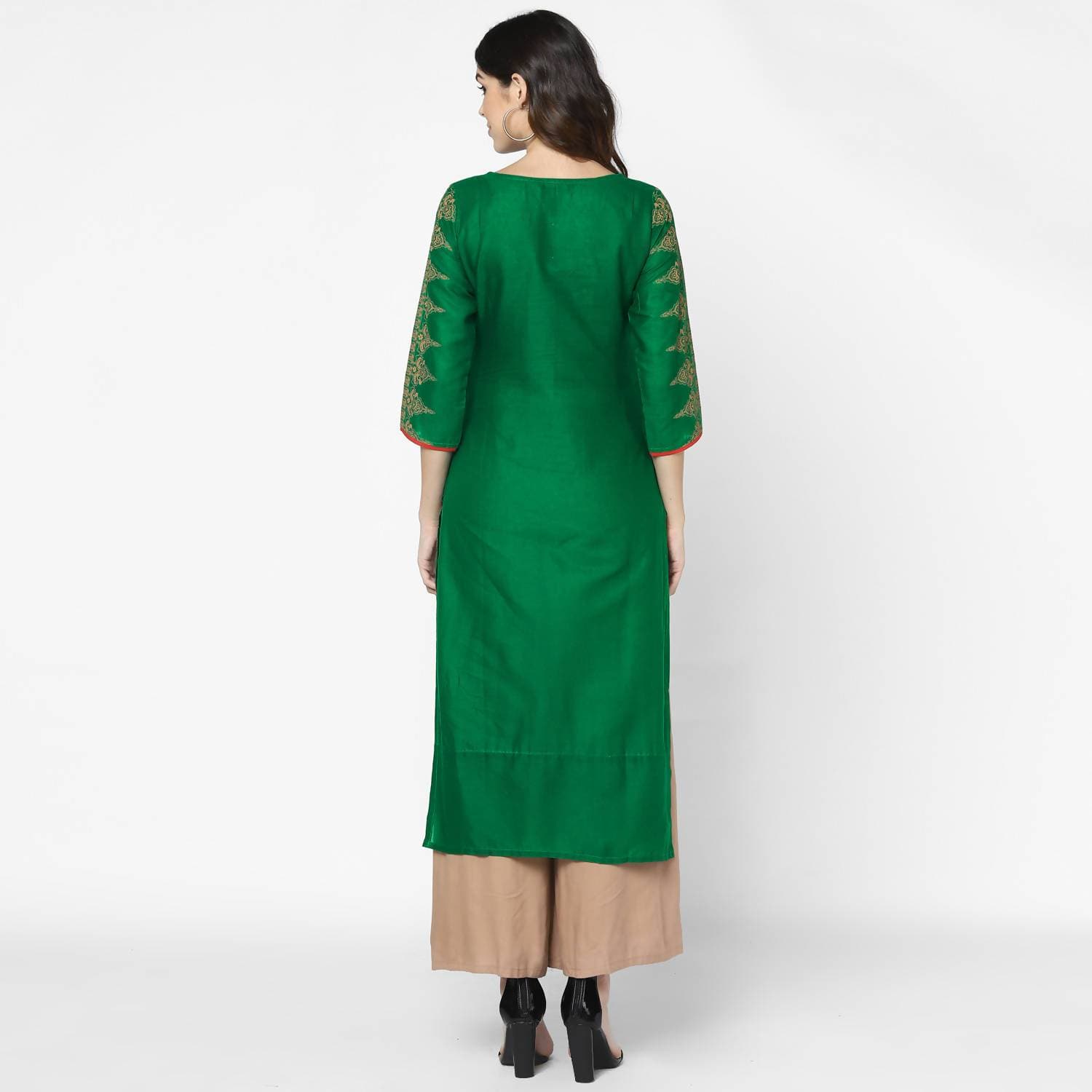 Cheera Hand Block Print Bottle Green Straight Kurta (MAAI-065K)
