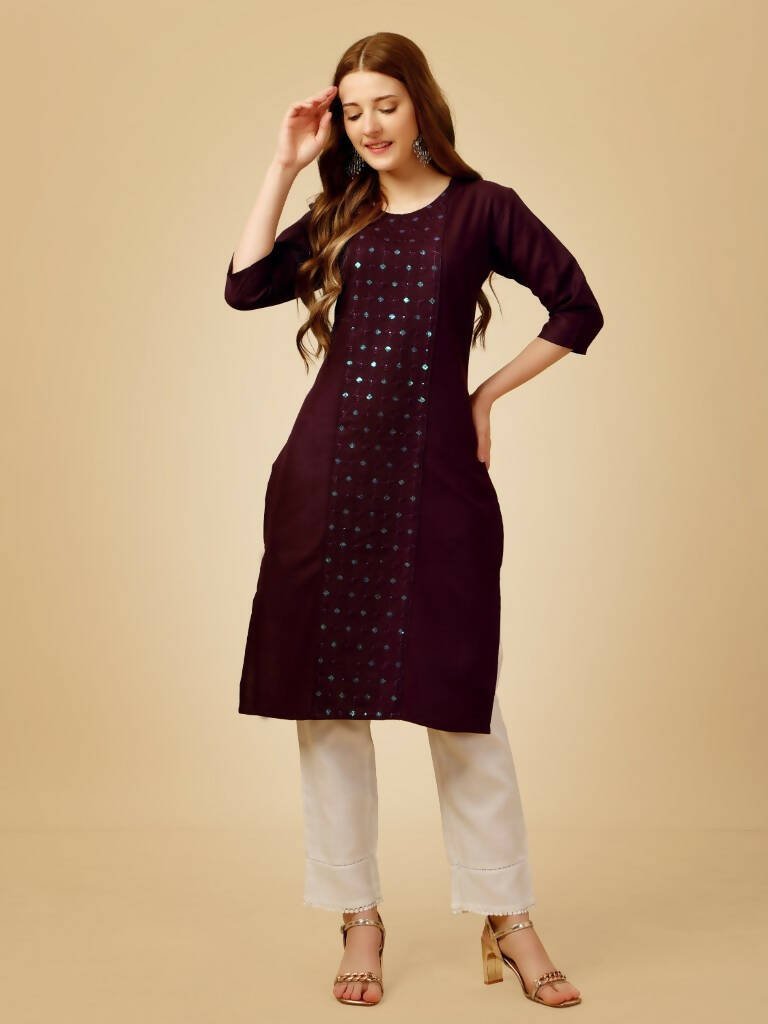 Aastha Fashion Women's Wine Cotton Blend Embroidered Kurta Pant Set - Grab2buy