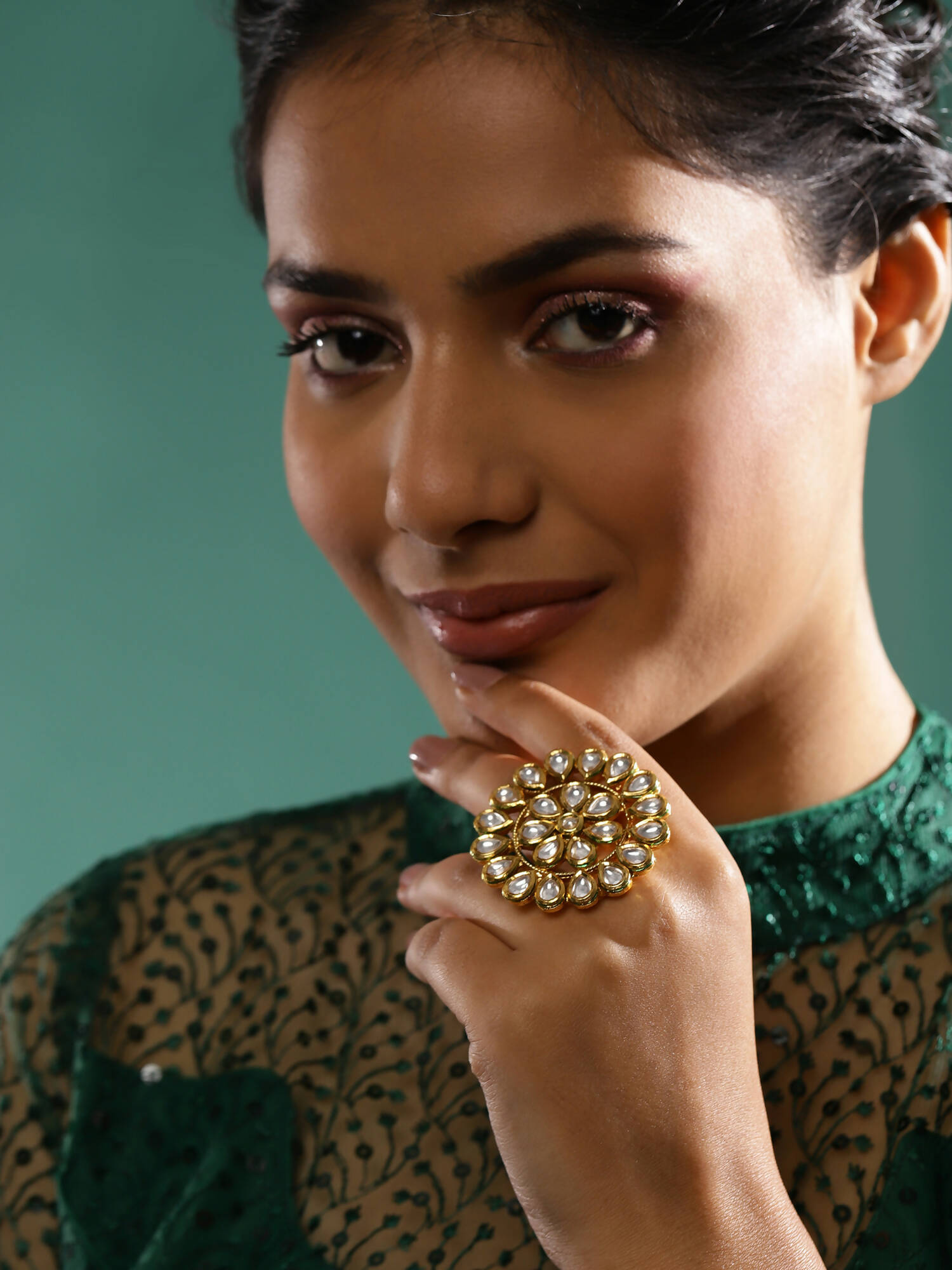 Gold-Plated White Kundan-Studded Adjustable Finger Ring - Ruby Raang - Grab2buy