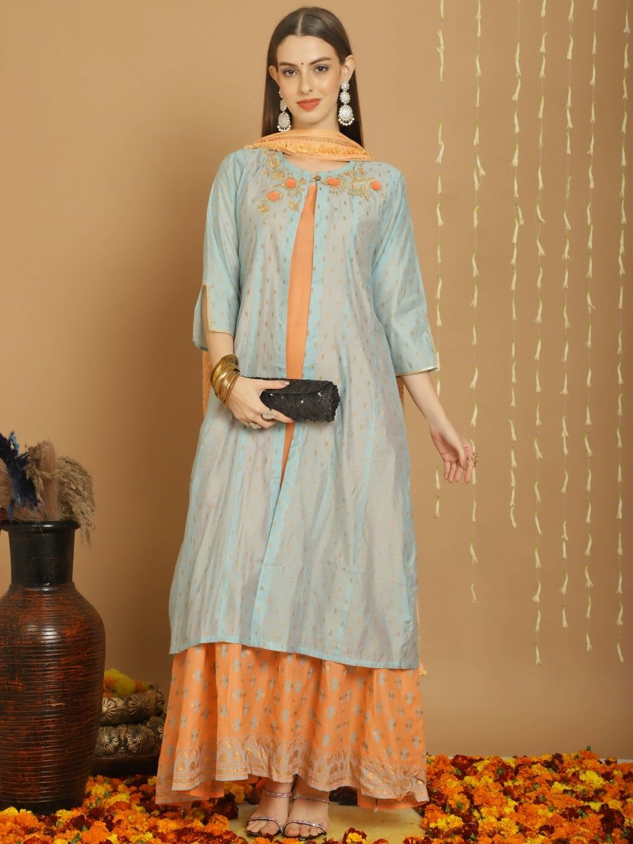 Aastha Fashion Women's Turquoise Chanderi Silk Elegant Jardoshi Kurta with Trouser & Dupatta - Grab2buy
