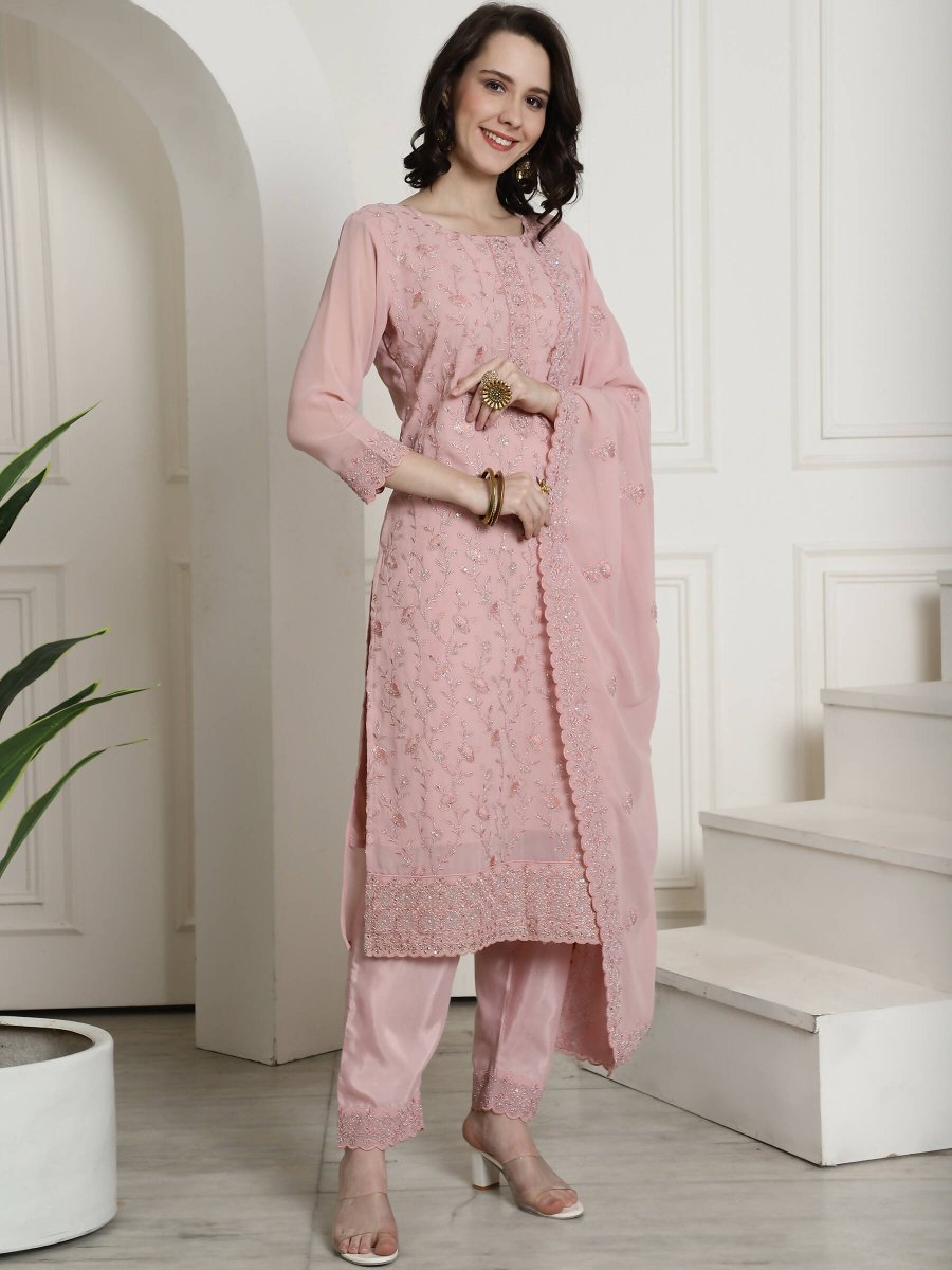 Aastha Fashion Women's Pink Georgette Floral Resham Thread with Cording & Crystal work Kurta with Trouser & Dupatta - Grab2buy