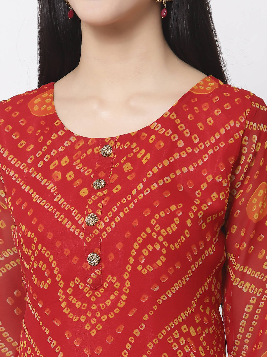 Myshka Women Red Georgette Printed 3/4 Sleeve Round Neck Kurta Pant Dupatta Set