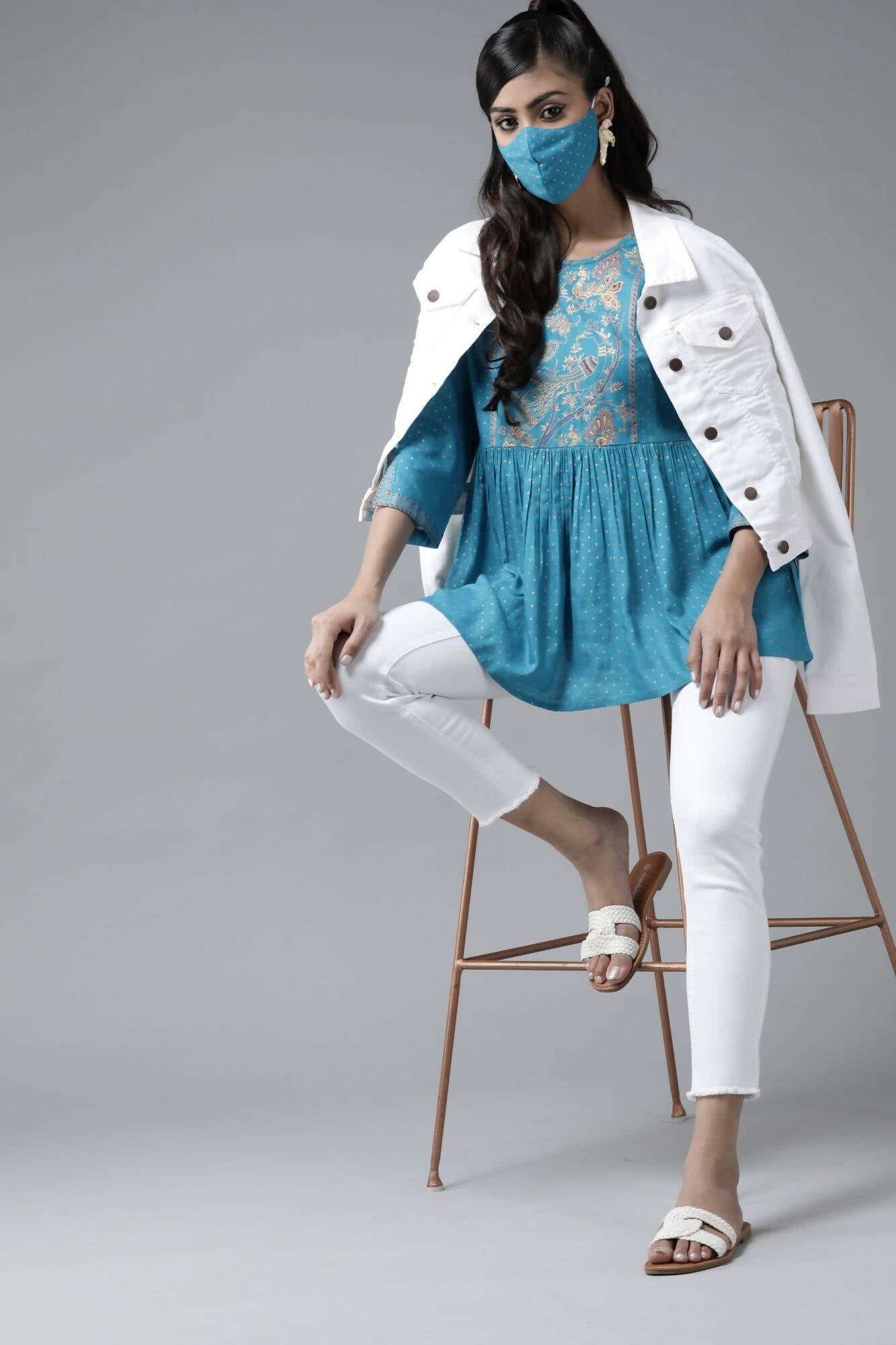 Juniper Women Skyblue Rayon Slub Polka Print Peplum Tunic - Grab2buy