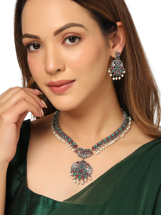NVR Women Stone Studded Oxidised Silver Jewellery Set - Grab2buy
