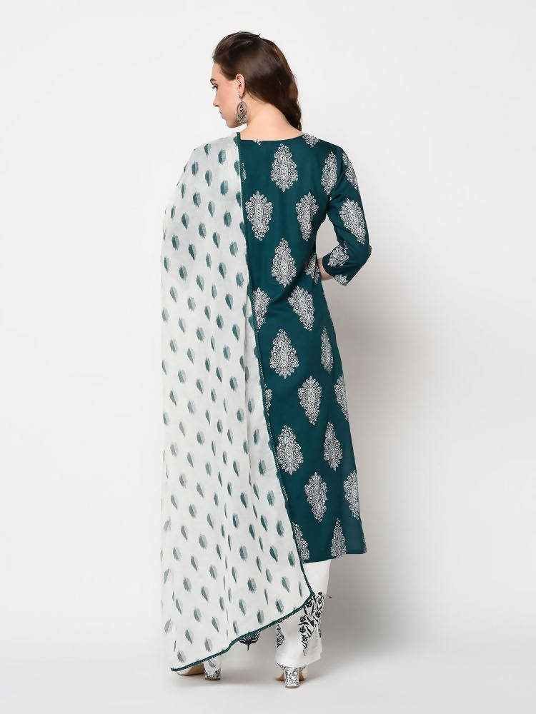 Yufta Teal Block Print Kurta with palazzo and Dupatta Set