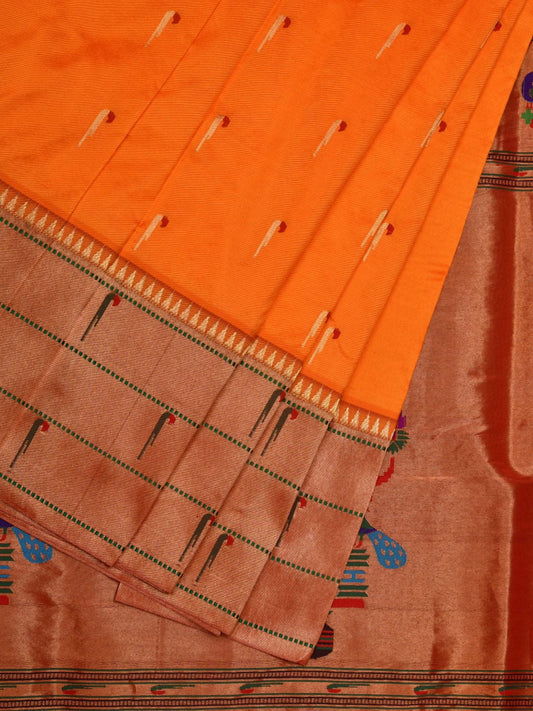 Orange Paithani Silk Handloom Grab2Buy with Triple Muniya Border Design - Global Threads
