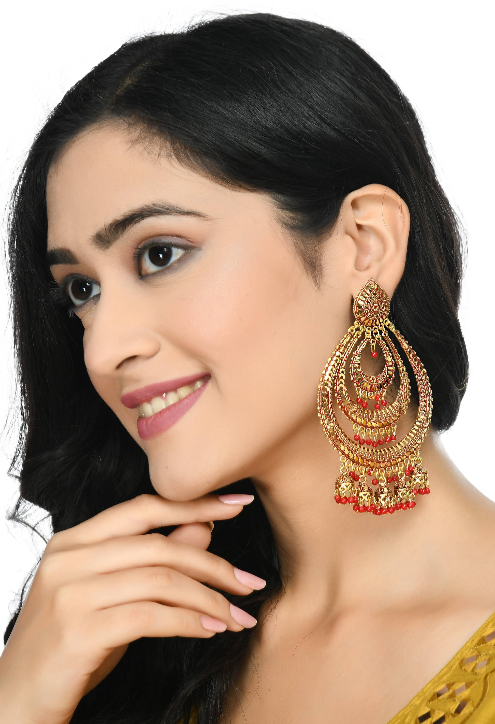 Mominos Fashion Johar Kamal Triple Circle White With Red Big Size Earrings - Grab2buy