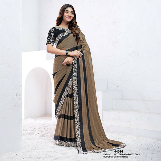 Dark Brown Pattern Georgette Moti With Real Mirror Work Saree With Unstitched Blouse - Norita Swaraa