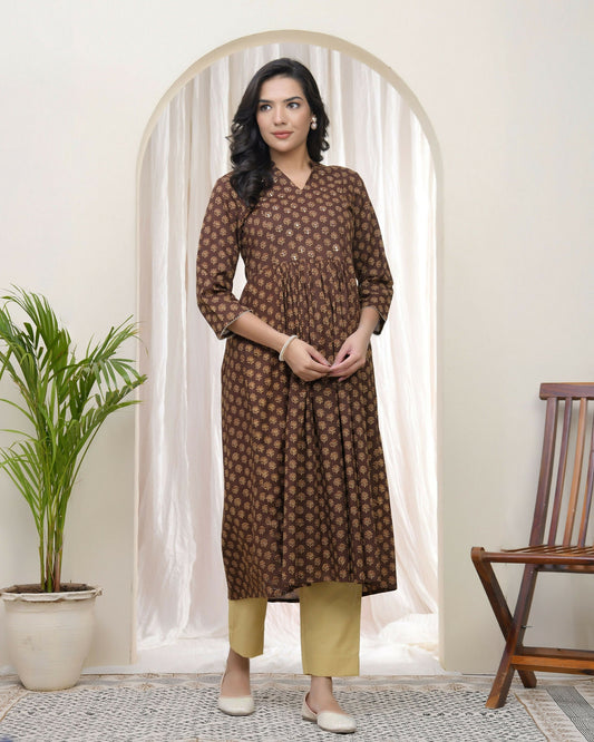 Vaasva Brown Boonta Cotton Printed Gathered Kurti With Pant | Grab2Buy
