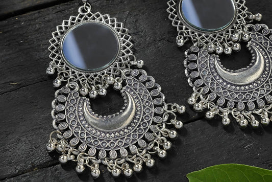 Mominos Fashion Johar Kamal Silver Oxidised Mirror Chandbali Earrings - Grab2buy