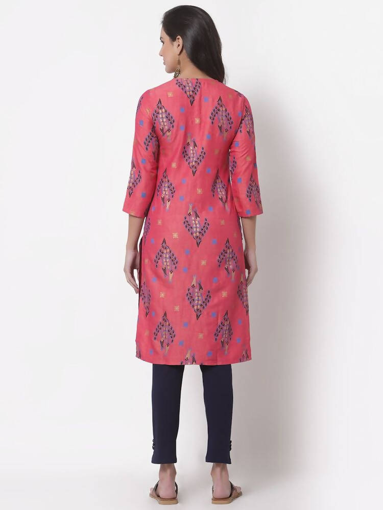 Myshka Women's Pink Printed 3/4 Sleeve Rayon Round Neck Casual Kurta
