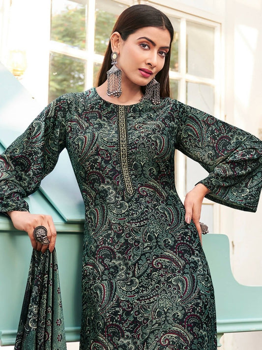 Aastha Fashion Women's Green Velvet Digital Print with Resham Thread work Kurta with Trouser & Dupatta - Grab2buy