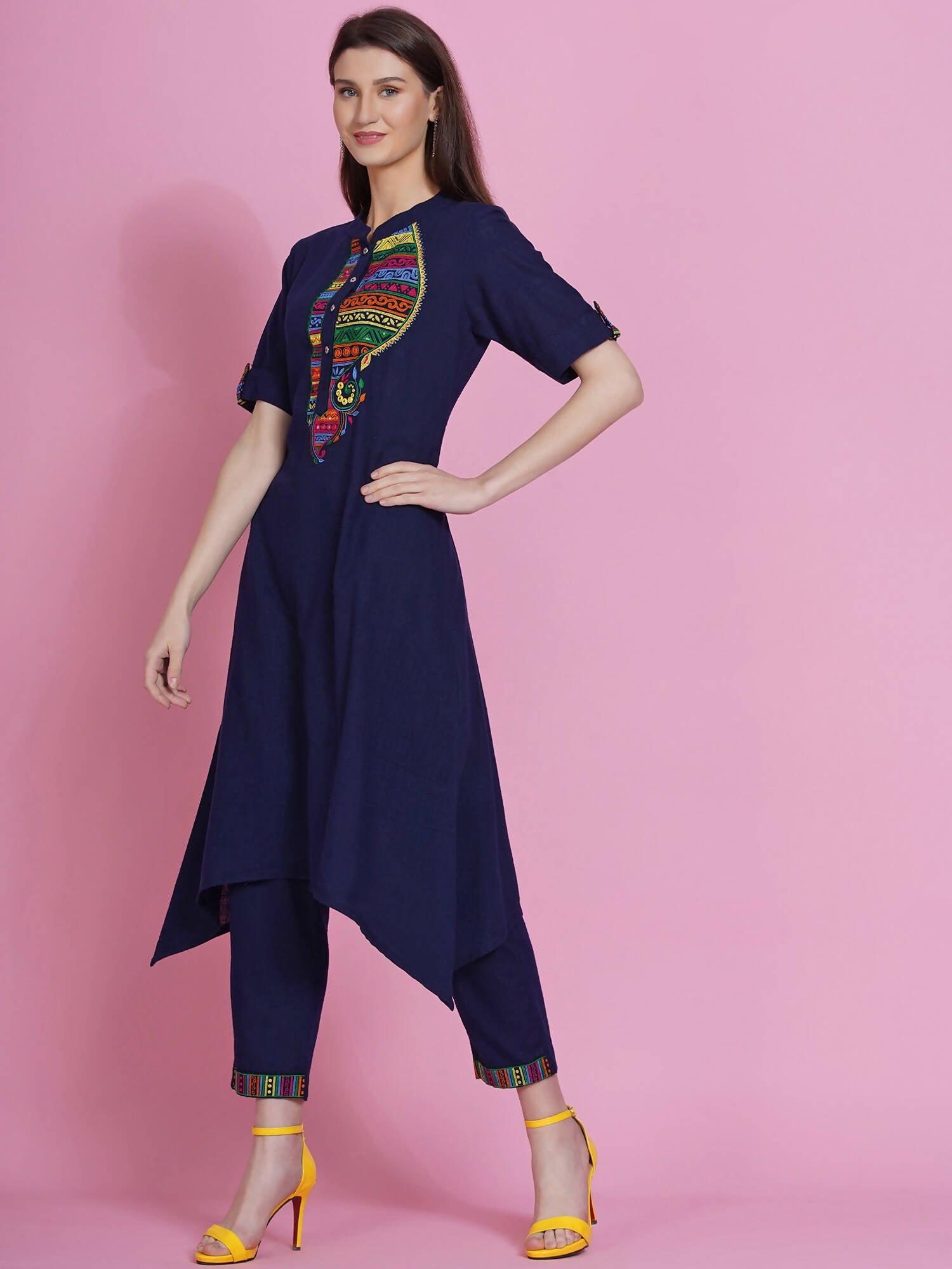 Women Republic Navy Blue Cotton Embroidered Kurta With Pants - Grab2buy