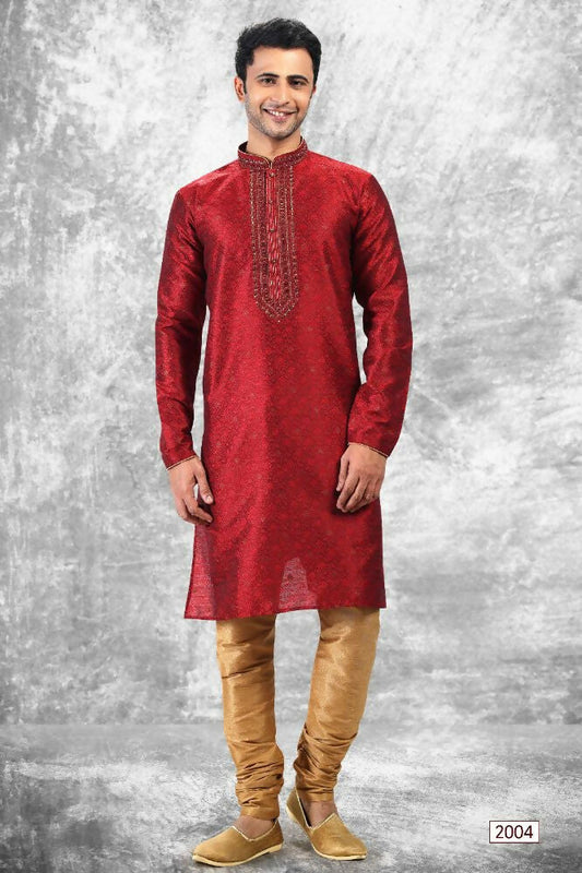 Raivat Ethnic Jacquard Silk Brocade Mirror and Thread Work Kurta Pajama In Maroon Colour