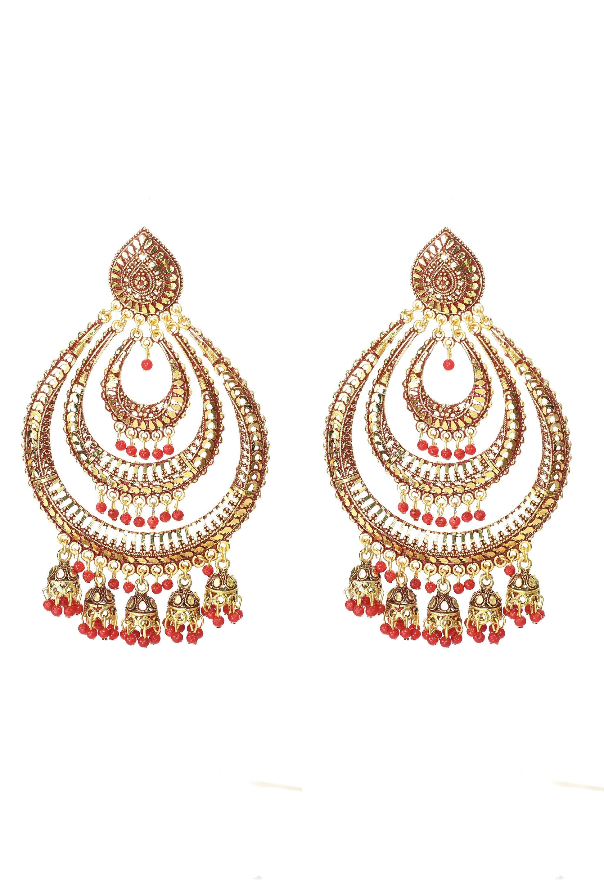 Mominos Fashion Johar Kamal Triple Circle White With Red Big Size Earrings - Grab2buy